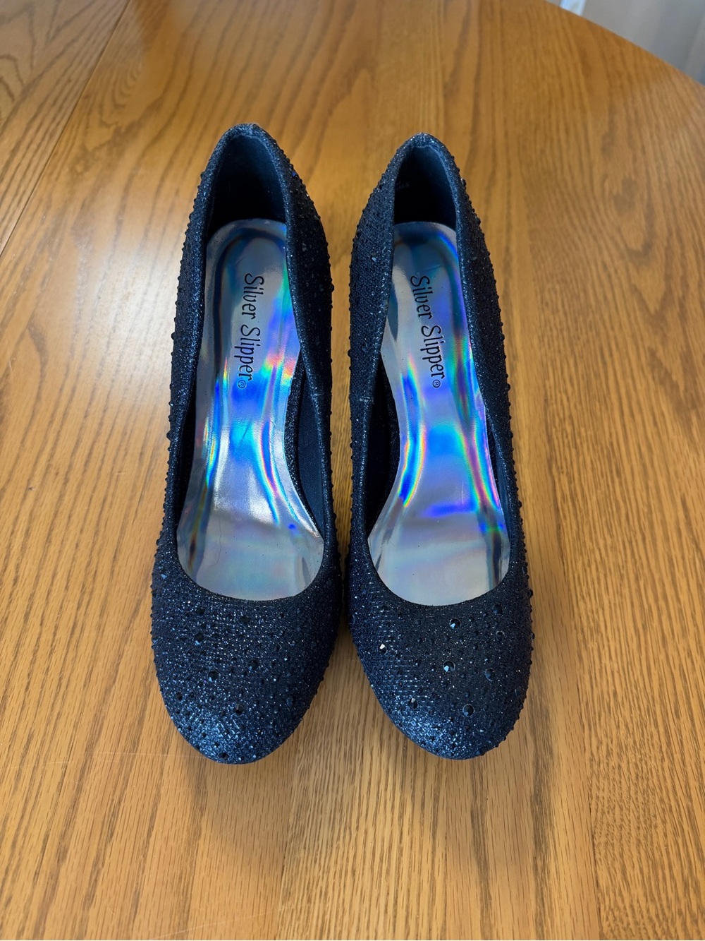 Silver Slipper Black Glitter Round-Toe Heels